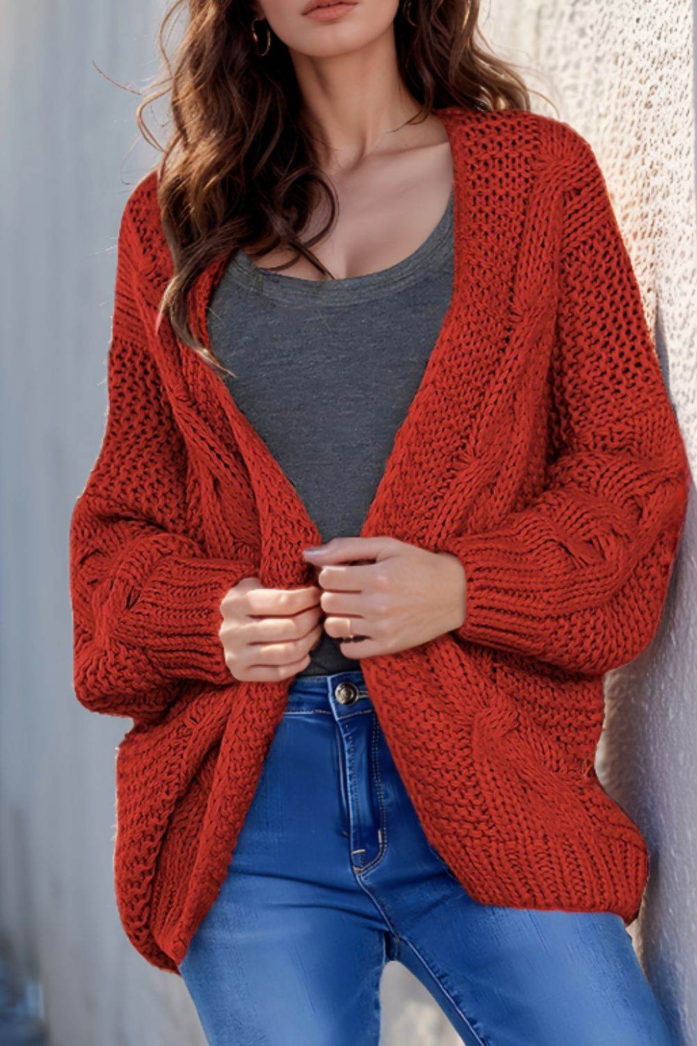 Cable-Knit Open Front Cardigan - Amexza