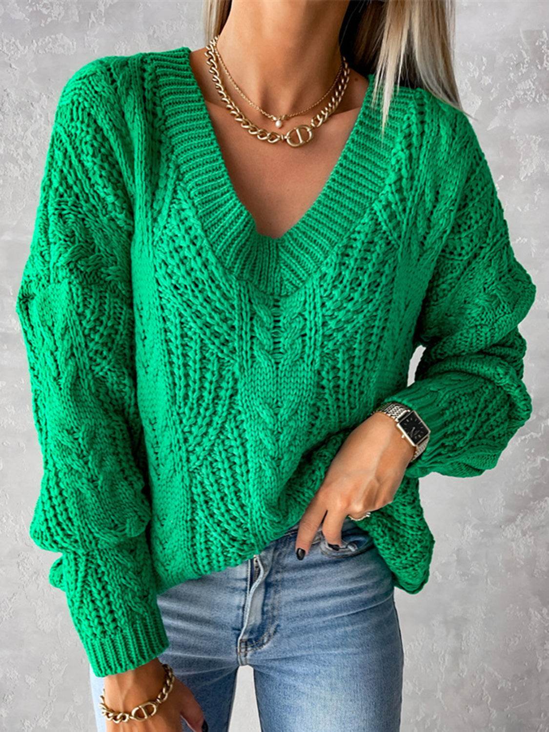 V-Neck Cable-Knit Long Sleeve Sweater for a perfect OOTD – dress to impress outfits from Amexza