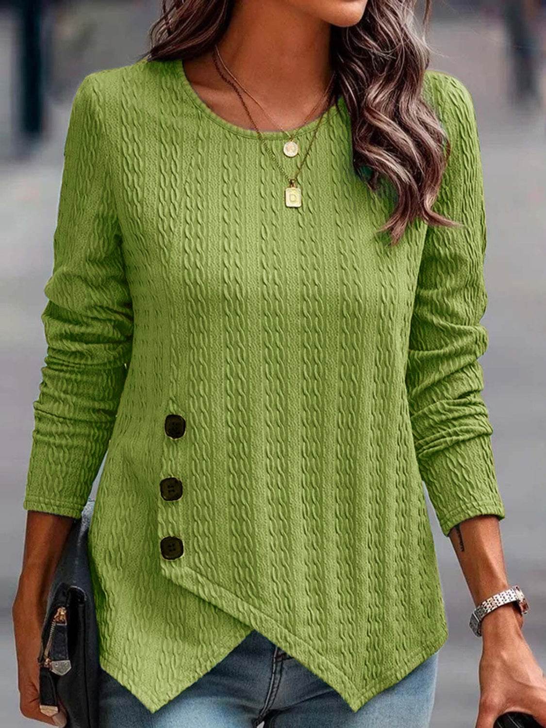 Decorative Button Round Neck Long Sleeve Top Lime for a perfect OOTD – dress to impress outfits from Amexza