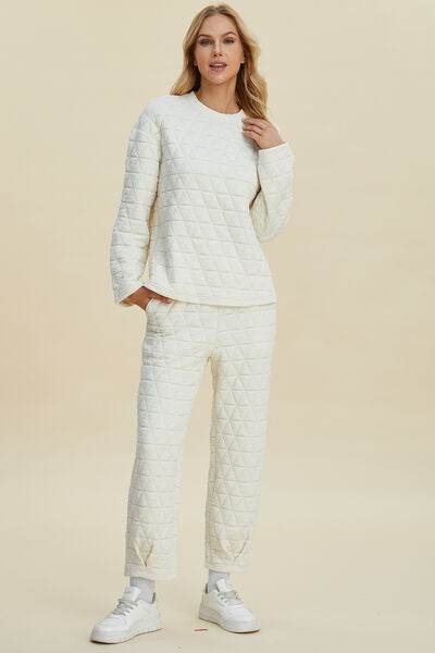 Double Take Full Size Texture Round Neck Long Sleeve Top and Pants Set - Amexza