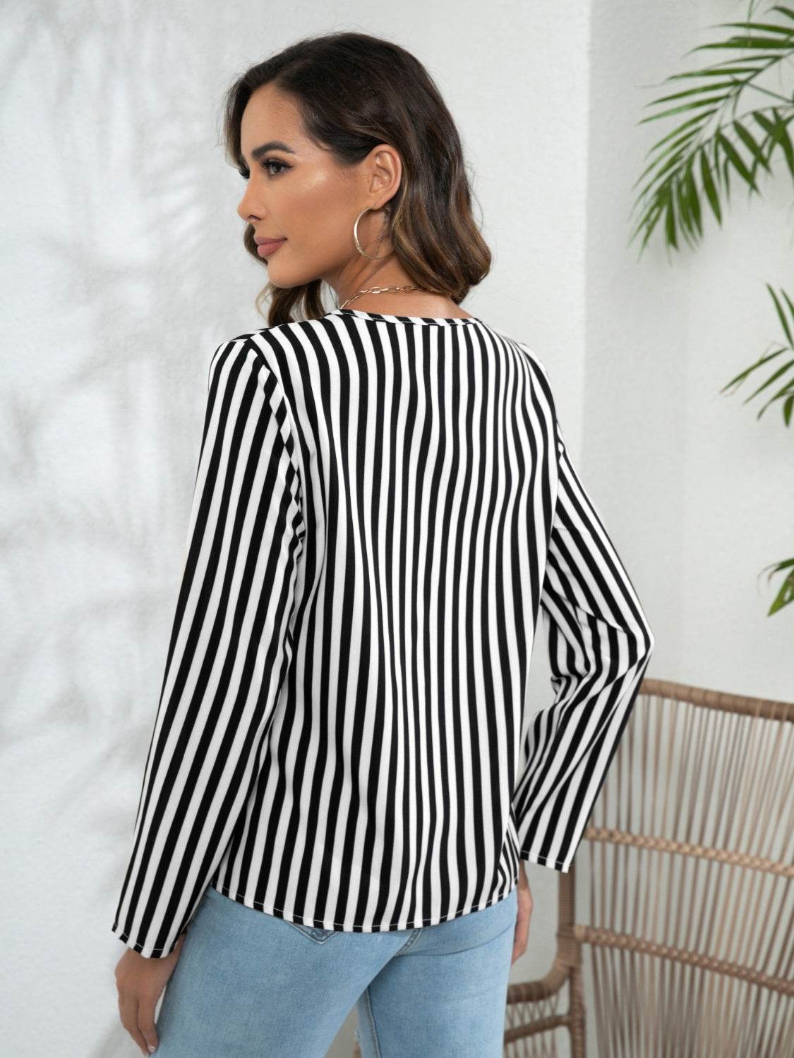 Striped Long Sleeve Notched Blouse for a perfect OOTD – dress to impress outfits from Amexza