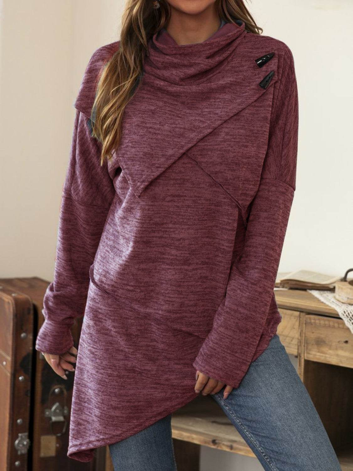 Asymmetrical Hem Cowl Neck Long Sleeve T-Shirt Deep Purple for a perfect OOTD – dress to impress outfits from Amexza