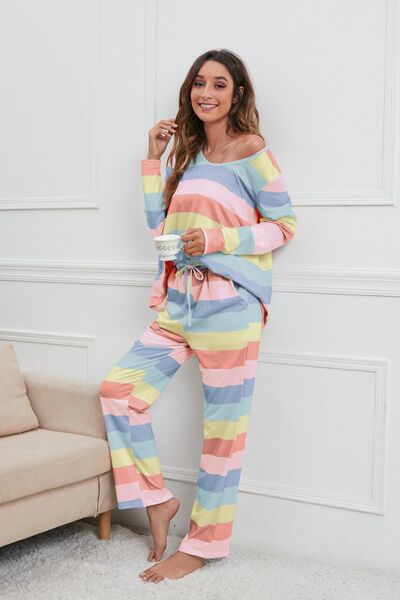 Striped Round Neck Long Sleeve Top and Drawstring Pants Lounge Set for a perfect OOTD – dress to impress outfits from Amexza