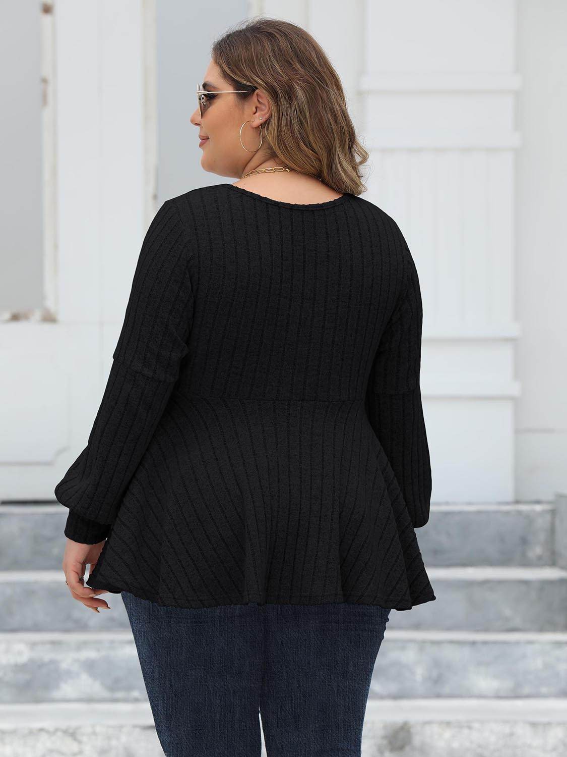 Plus Size Ribbed V-Neck Long Sleeve Blouse for a perfect OOTD – dress to impress outfits from Amexza