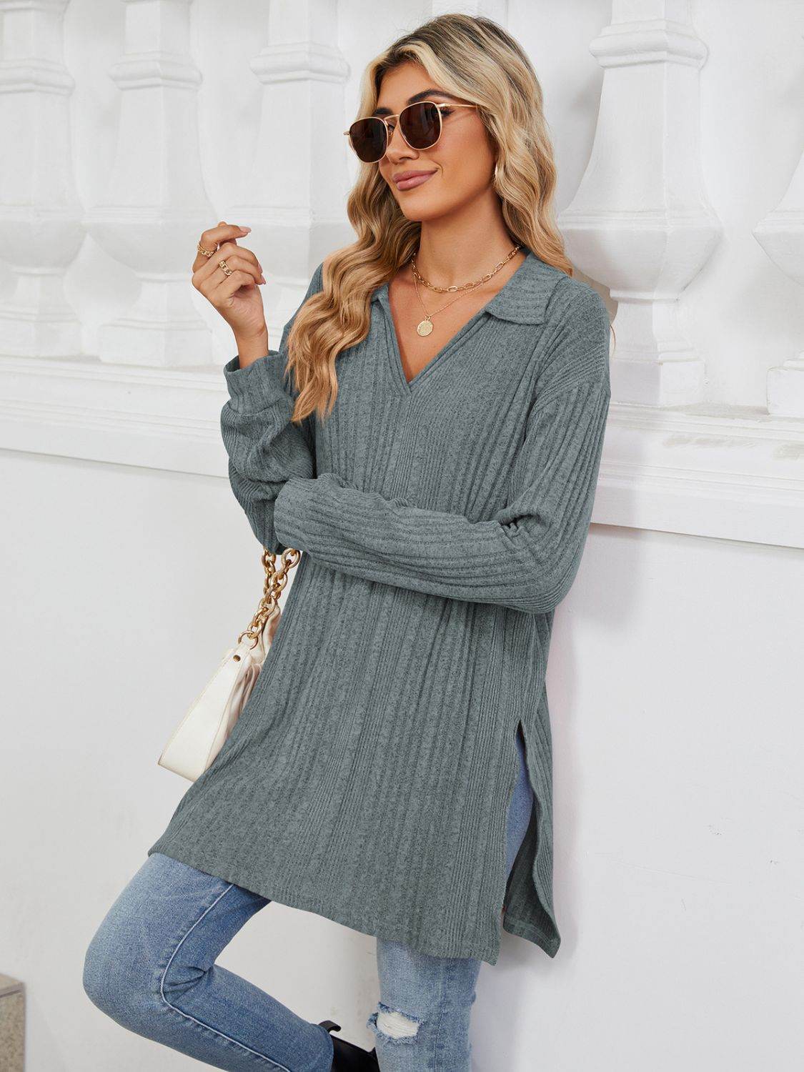 Slit Johnny Collar Long Sleeve T-Shirt for a perfect OOTD – dress to impress outfits from Amexza