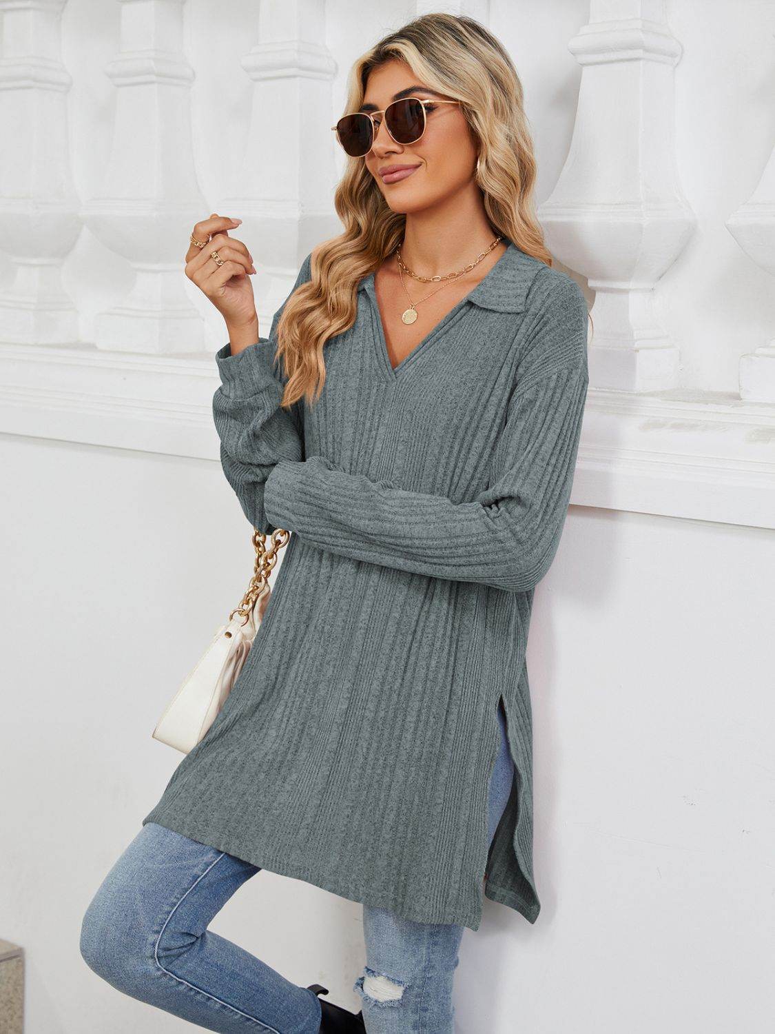Slit Johnny Collar Long Sleeve T-Shirt - Amexza
