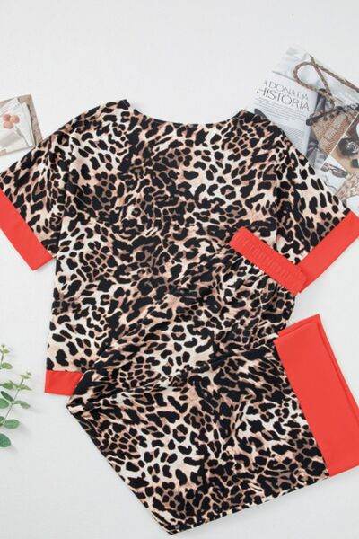 Contrast Trim Leopard Round Neck Top and Pants Lounge Set for a perfect OOTD – dress to impress outfits from Amexza