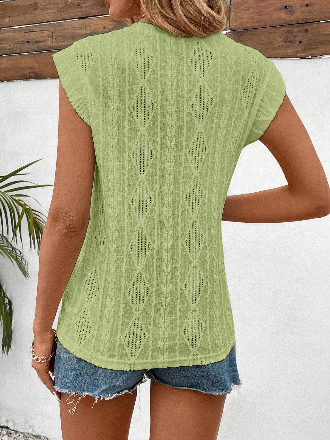 Openwork Round Neck Cap Sleeve Top for a perfect OOTD – dress to impress outfits from Amexza