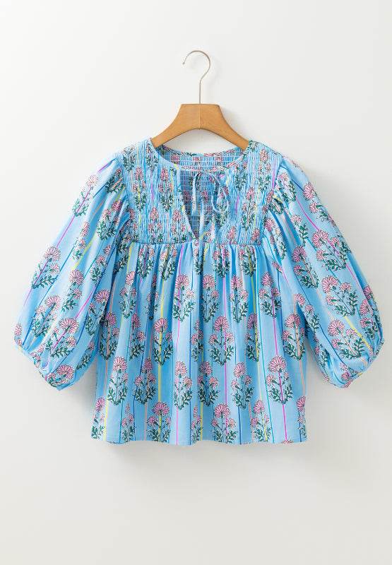 Smocked Floral Print Tie Neck Blouse - Amexza