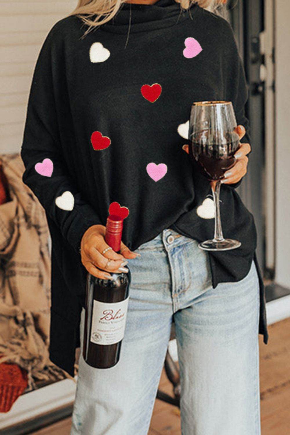 Valentine’s Day Heart Patched Turtleneck Long Sleeve Top Black for a perfect OOTD – dress to impress outfits from Amexza