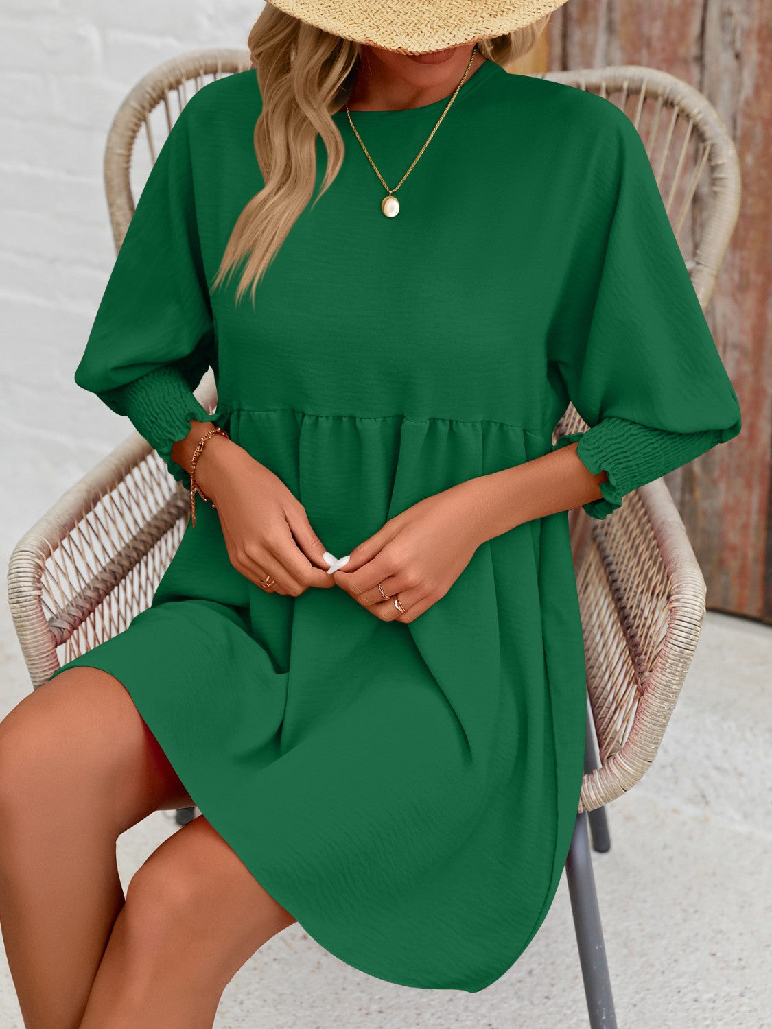 Round Neck Lantern Sleeve Mini Dress - Dark Green / S