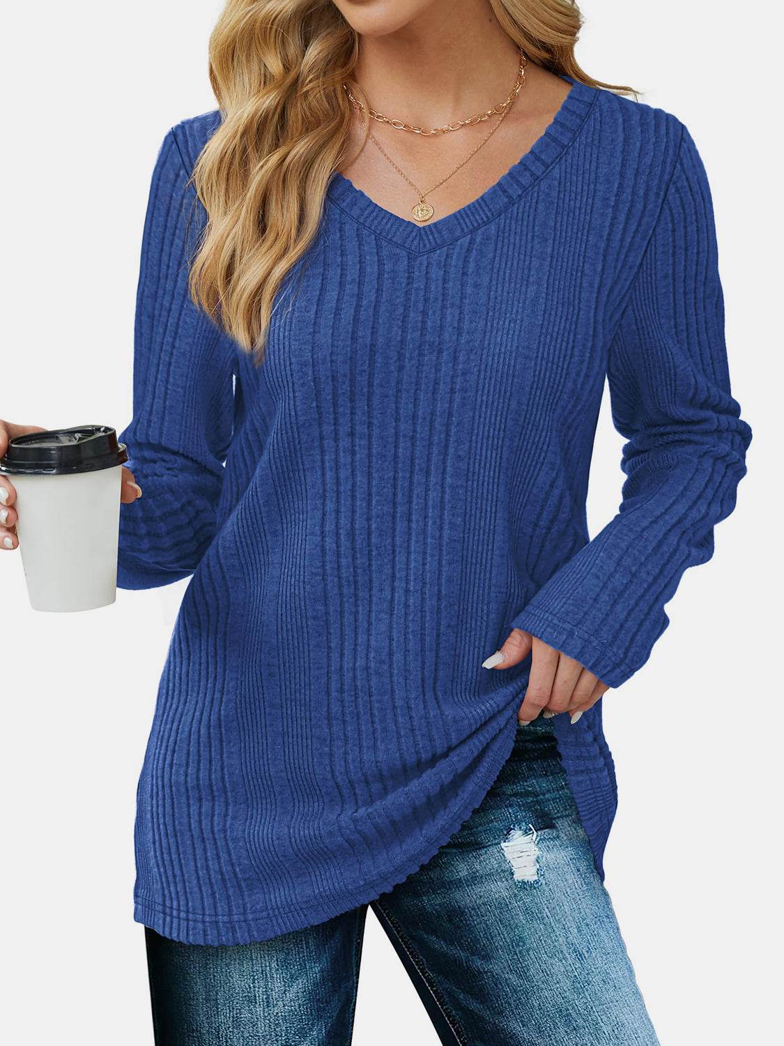 V-Neck Long Sleeve T-Shirt Royal Blue for a perfect OOTD – dress to impress outfits from Amexza