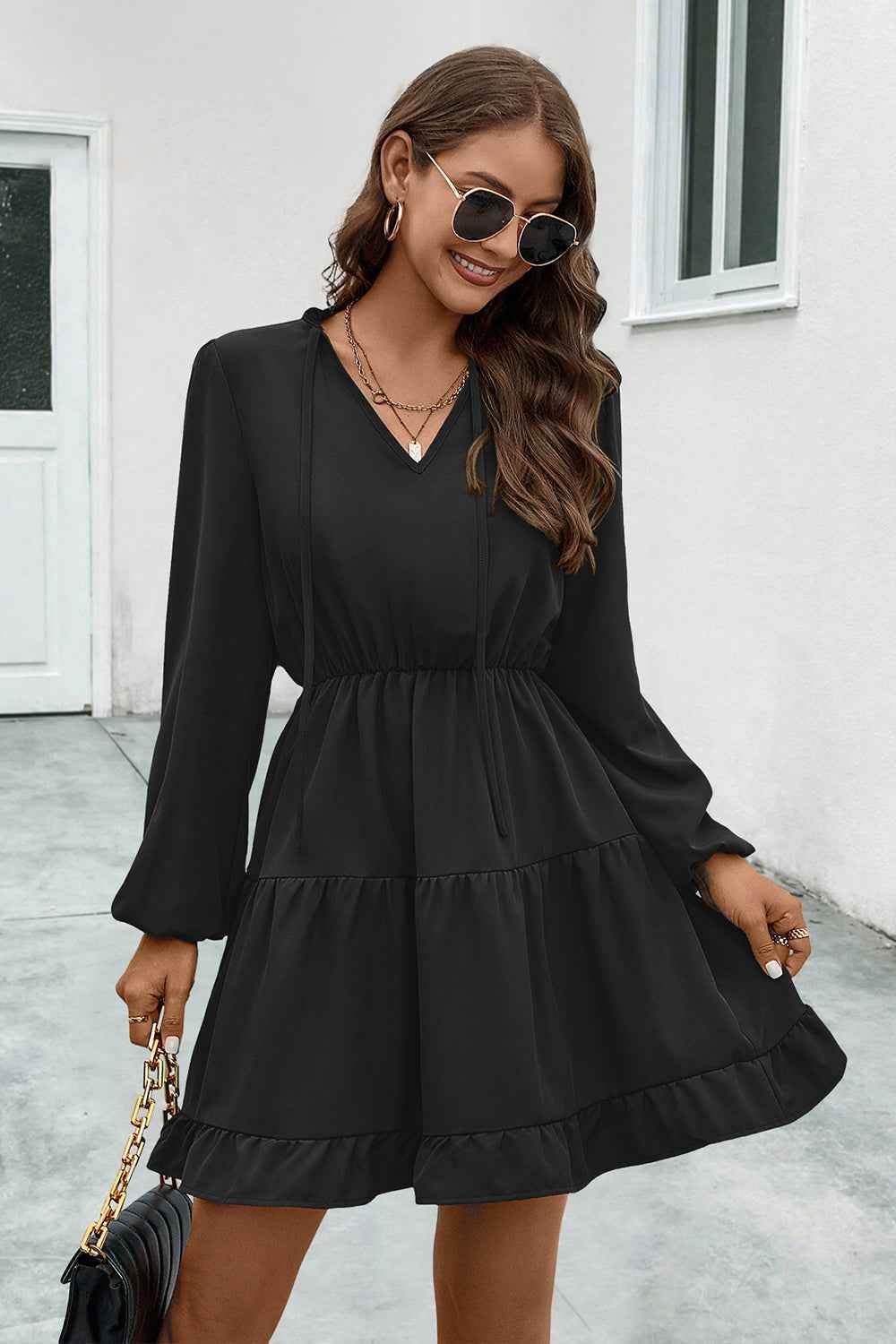 V-Neck Tie Neck Long Sleeve Dress Black for a perfect OOTD – dress to impress outfits from Amexza