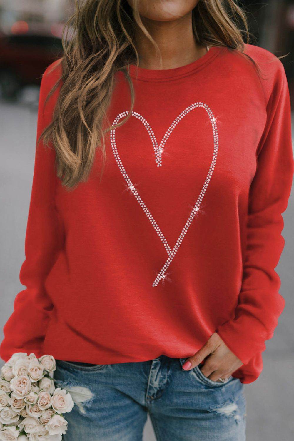 Valentine's Day Rhinestone Heart Long Sleeve Sweatshirt Deep Red for a perfect OOTD – dress to impress outfits from Amexza