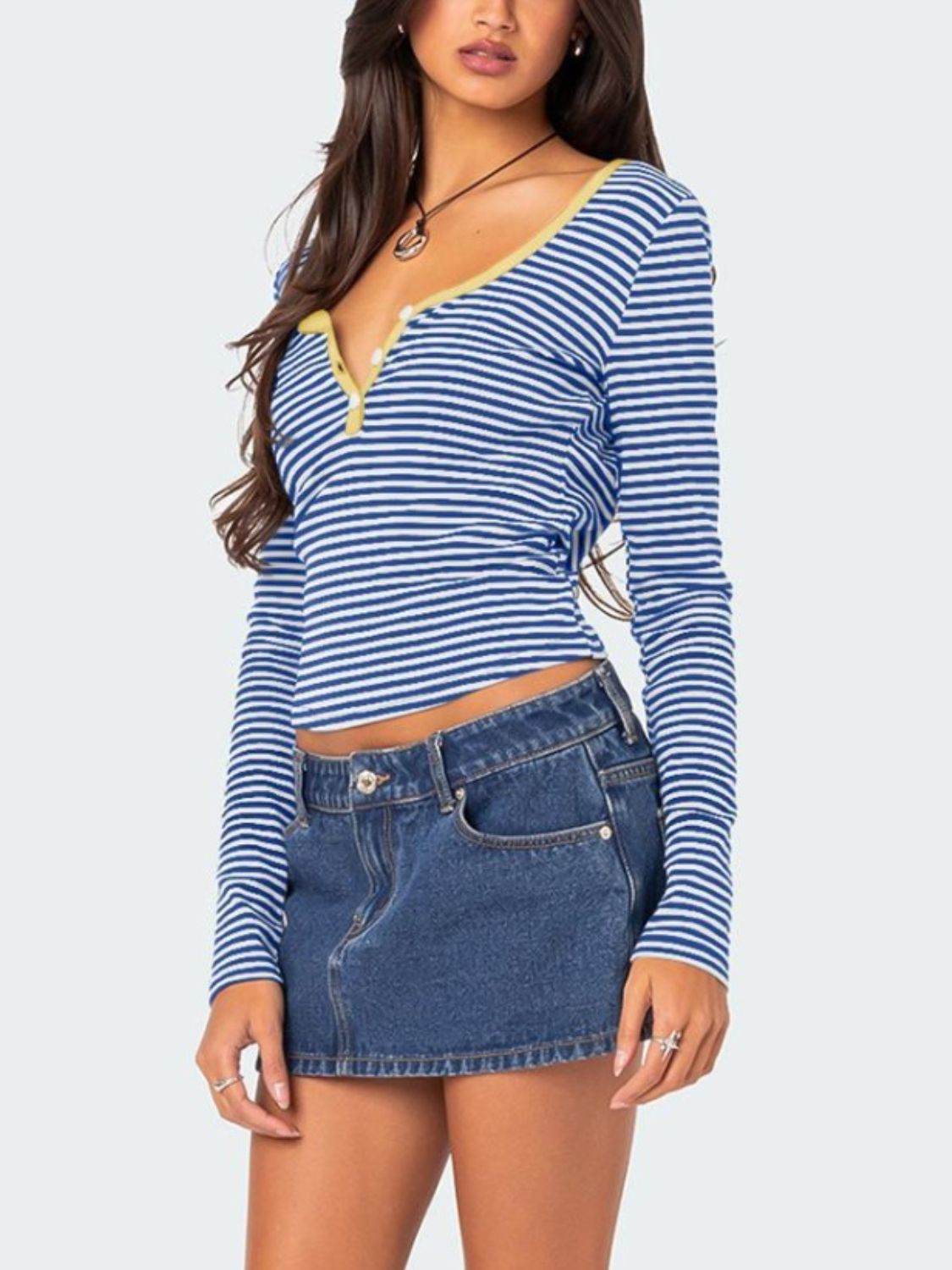 Buttoned Striped Long Sleeve T-Shirt for a perfect OOTD – dress to impress outfits from Amexza