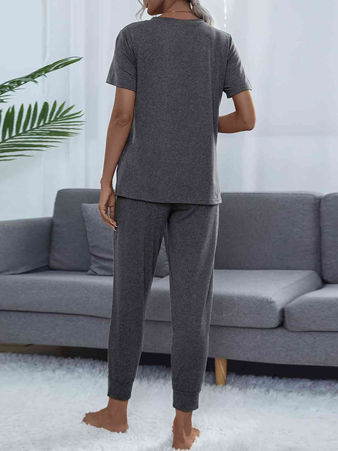 Shiny Round Neck Short Sleeve Top and Pants Set for a perfect OOTD – dress to impress outfits from Amexza