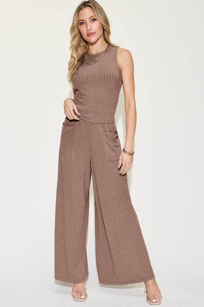 Basic Bae Full Size Ribbed Tank and Wide Leg Pants Set Mocha for a perfect OOTD – dress to impress outfits from Amexza