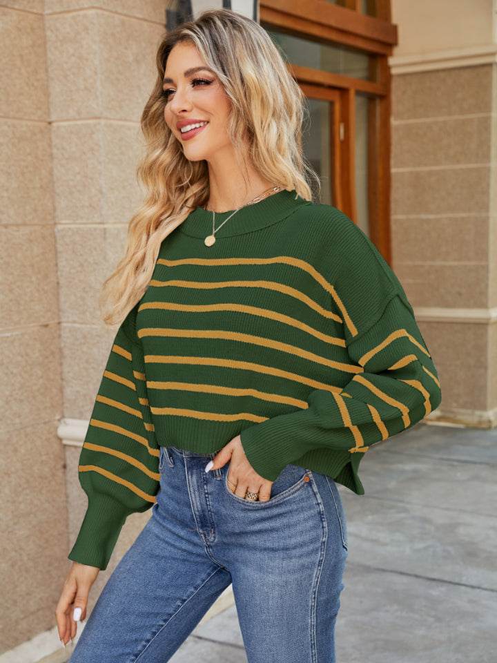 Round Neck Striped Lantern Sleeve Sweater Army Green for a perfect OOTD – dress to impress outfits from Amexza