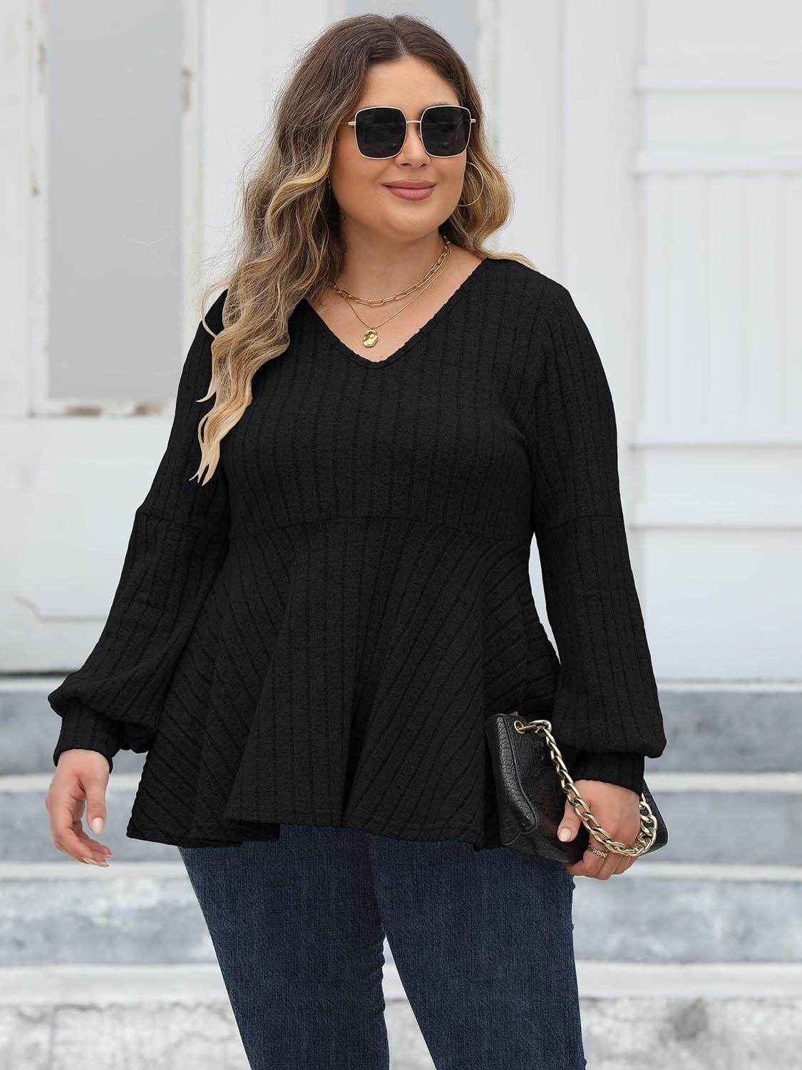 Plus Size Ribbed V-Neck Long Sleeve Blouse for a perfect OOTD – dress to impress outfits from Amexza