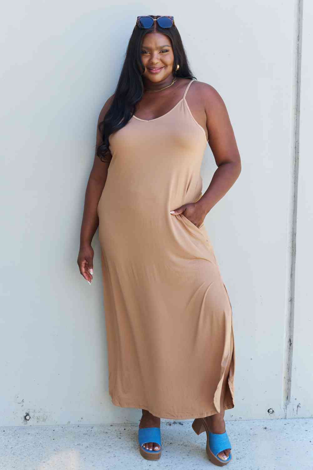 Ninexis Good Energy Full Size Cami Side Slit Maxi Dress in Camel for a perfect OOTD – dress to impress outfits from Amexza