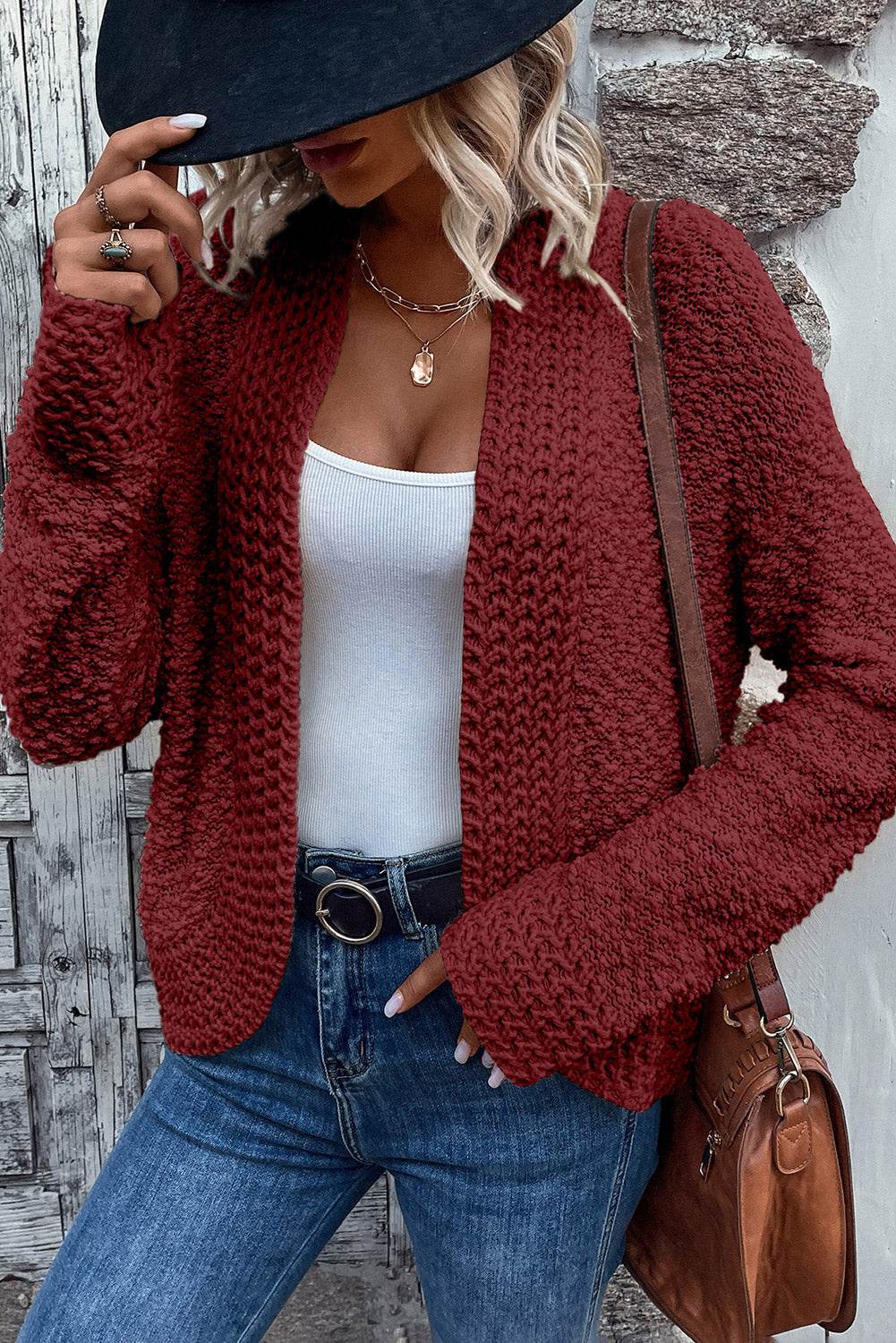 Solid Color Open Front Cardigan Burgundy for a perfect OOTD – dress to impress outfits from Amexza