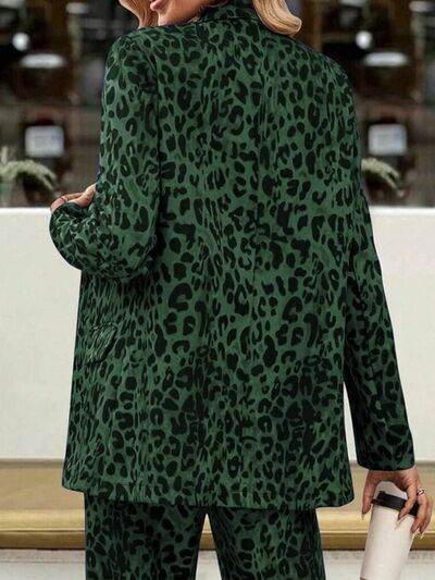 Full Size Leopard Lapel Collar Long Sleeve Blazer and Pants Set - Amexza