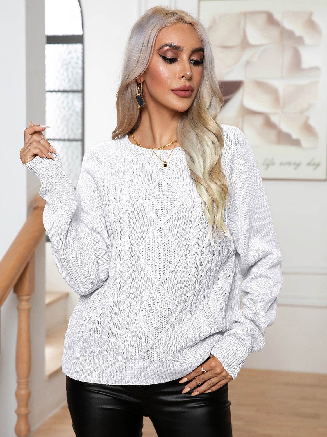 Cable-Knit Long Sleeve Sweater - Amexza