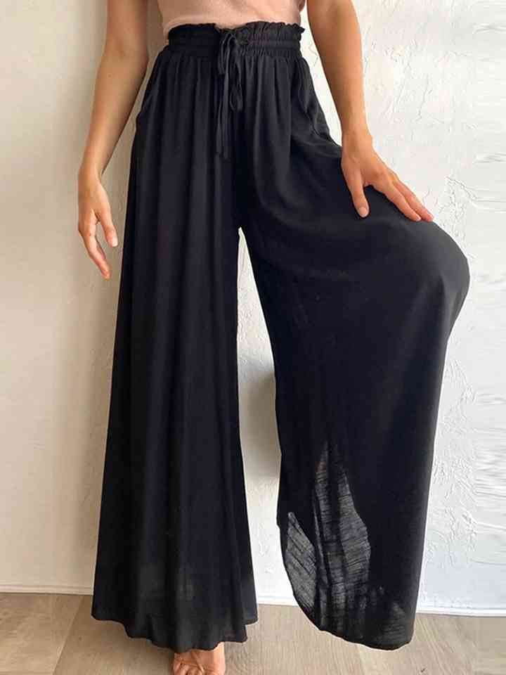 Drawstring Waist Wide Leg Pants Black for a perfect OOTD – dress to impress outfits from Amexza