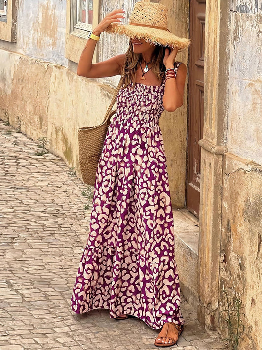 Smocked Printed Square Neck Sleeveless Dress - Burgundy / S