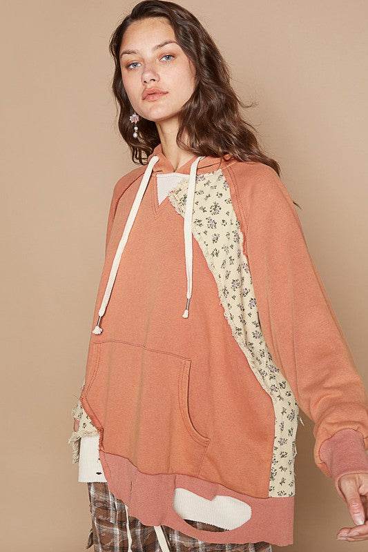 POL Floral Patchwork Distressed Drawstring Hoodie for a perfect OOTD – dress to impress outfits from Amexza