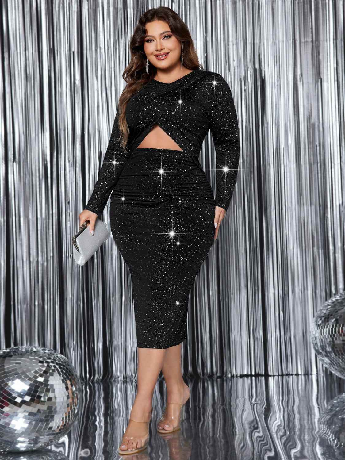 Honey Plus Size Cutout Slit Round Neck Long Sleeve Dress - Amexza