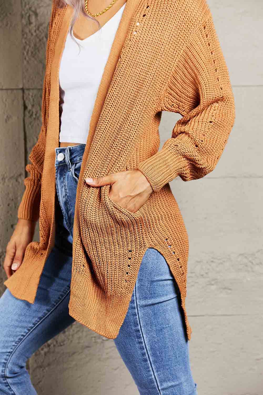 Woven Right Openwork Rib-Knit Slit Cardigan for a perfect OOTD – dress to impress outfits from Amexza