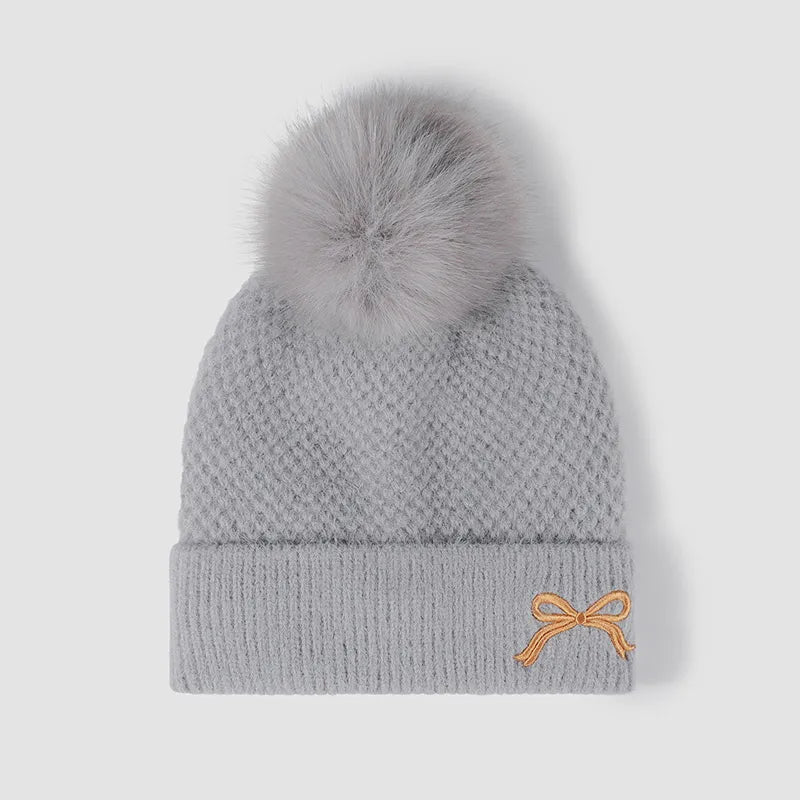 Thermal Bow Knit Hat with Pompom Gray One Size for a perfect OOTD – dress to impress outfits from Amexza