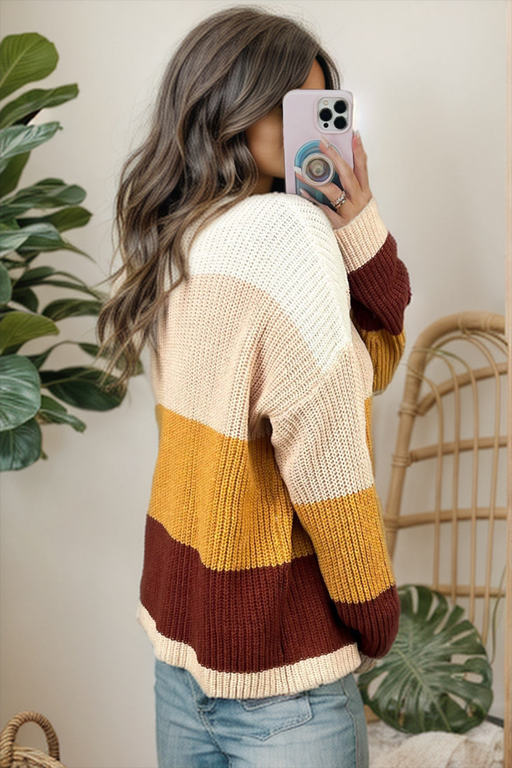 Color Block Round Neck Long Sleeve Sweater