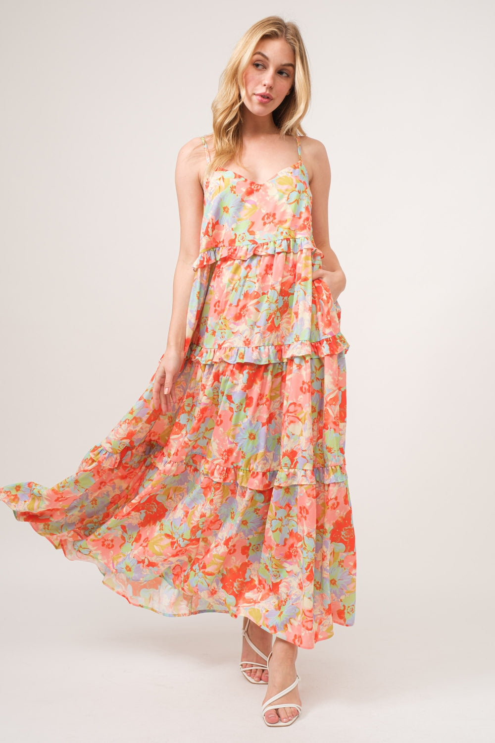 And The Why Floral Ruffled Tiered Maxi Adjustable Strap Cami Dress - Floral / S