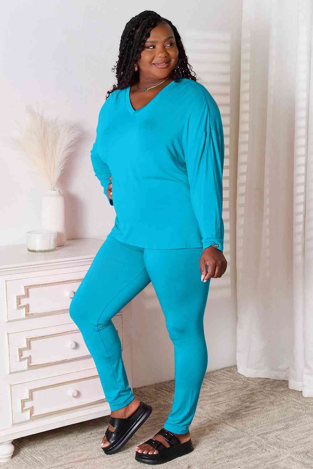 Basic Bae Full Size V-Neck Soft Rayon Long Sleeve Top and Pants Lounge Set for a perfect OOTD – dress to impress outfits from Amexza