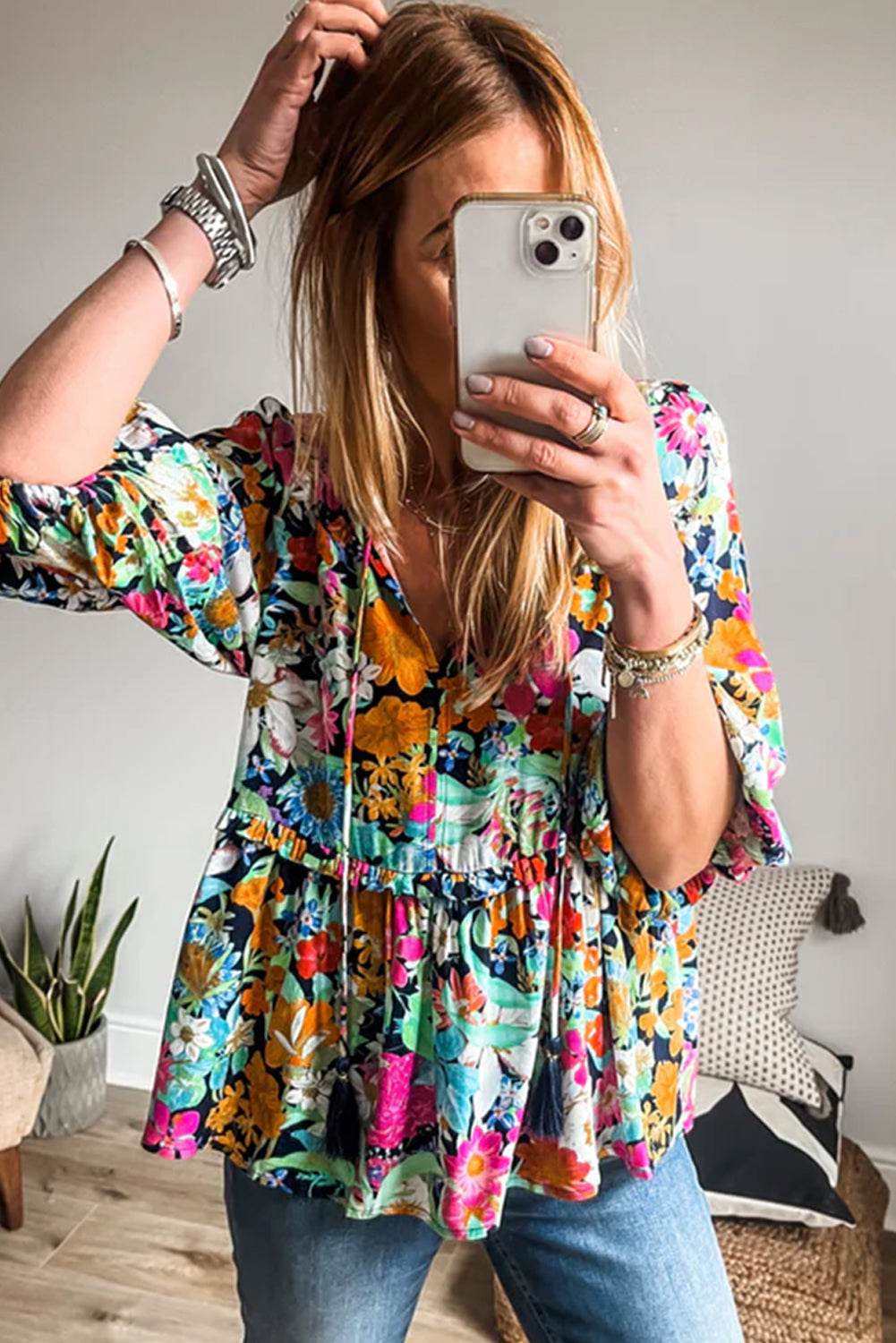 Floral Tie Neck Balloon Sleeve Blouse for a perfect OOTD – dress to impress outfits from Amexza