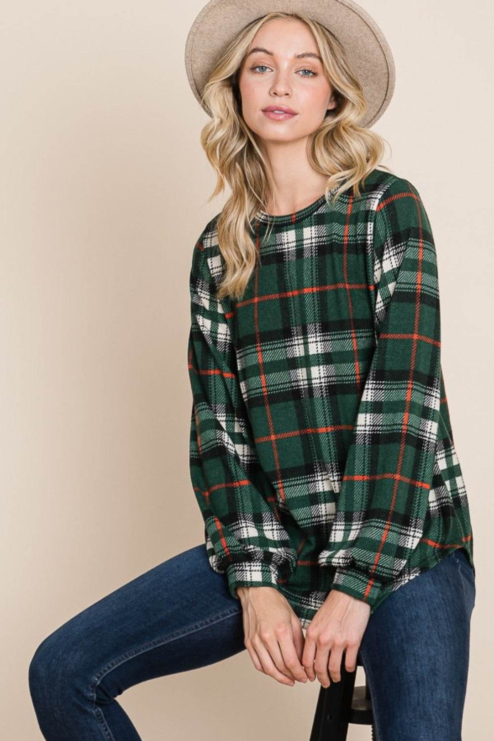 BOMBOM Curved Hem Plaid Round Neck Long Sleeve Top for a perfect OOTD – dress to impress outfits from Amexza