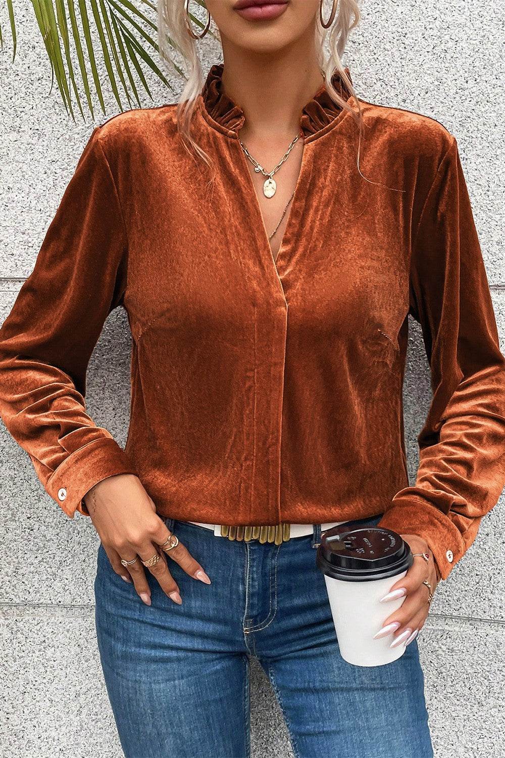 Notched Frill Detail Long Sleeve Blouse - Amexza