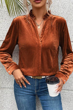 Notched Frill Detail Long Sleeve Blouse - Amexza
