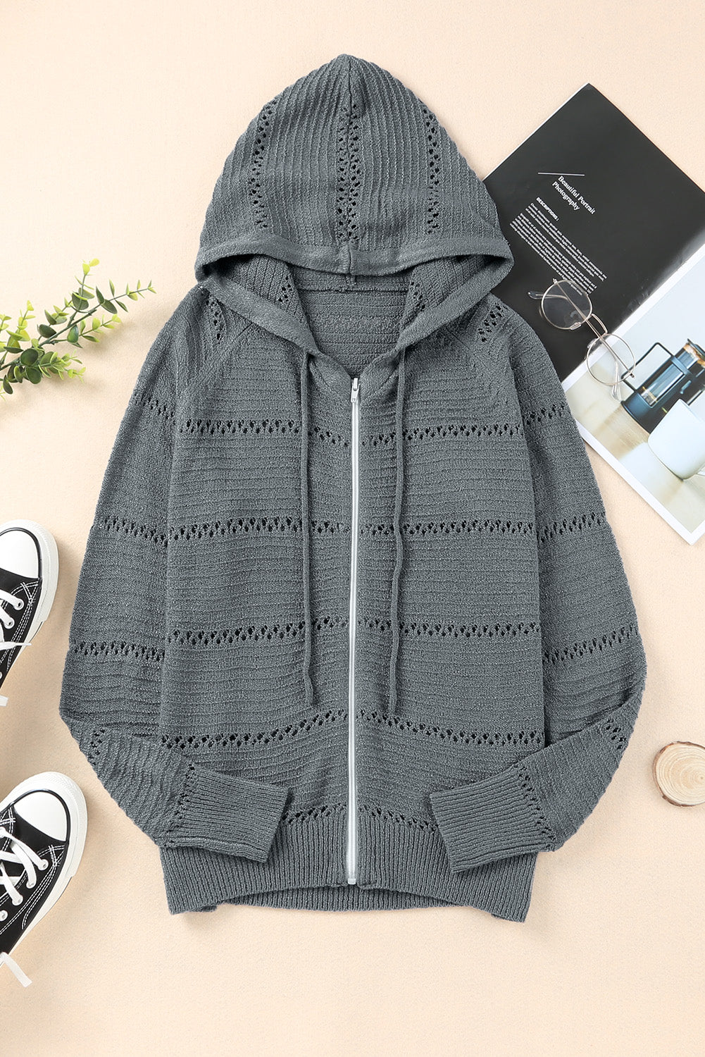 Zip-Up Raglan Sleeve Openwork Hooded Cardigan Mid Gray for a perfect OOTD – dress to impress outfits from Amexza