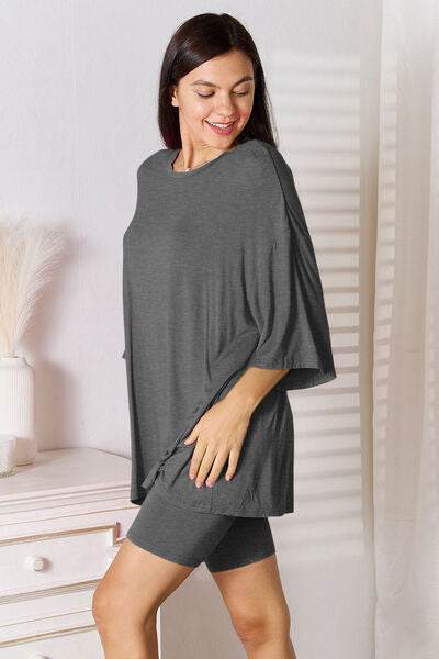 Basic Bae Full Size Soft Rayon Three-Quarter Sleeve Top and Shorts Set - Amexza