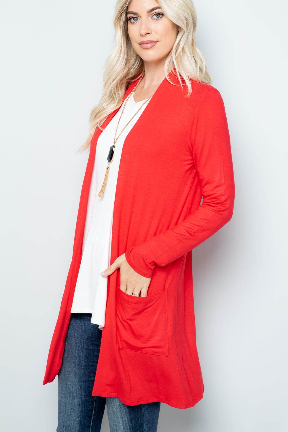 Celeste Full Size Open Front Cardigan with Pockets Lt Coral for a perfect OOTD – dress to impress outfits from Amexza