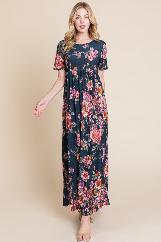 BOMBOM Floral Short Sleeve Maxi Dress - Floral / S