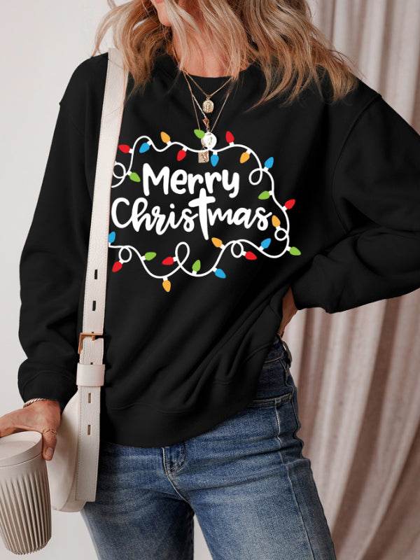 MERRY CHRISTMAS Dropped Shoulder Long Sleeve Sweatshirt Black for a perfect OOTD – dress to impress outfits from Amexza