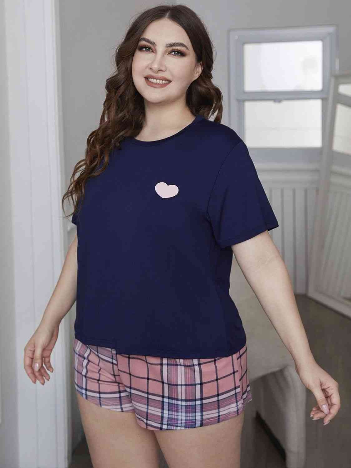 Plus Size Heart Graphic Top and Plaid Shorts Loungewear Set Navy Pink for a perfect OOTD – dress to impress outfits from Amexza