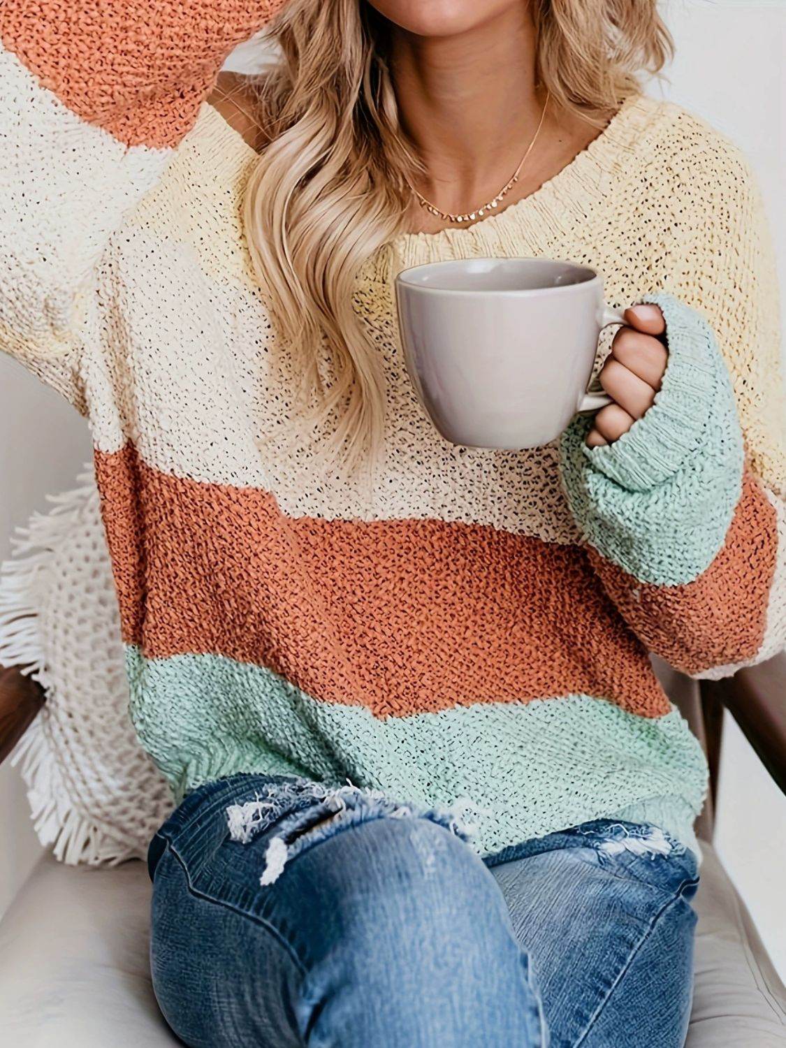 Color Block Round Neck Long Sleeve Sweater - Amexza