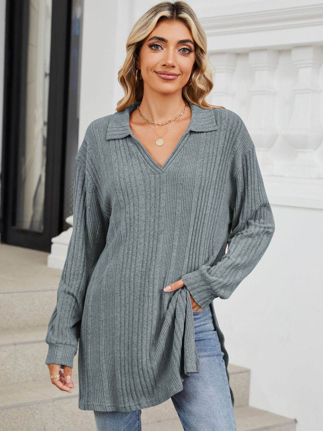 Slit Johnny Collar Long Sleeve T-Shirt for a perfect OOTD – dress to impress outfits from Amexza