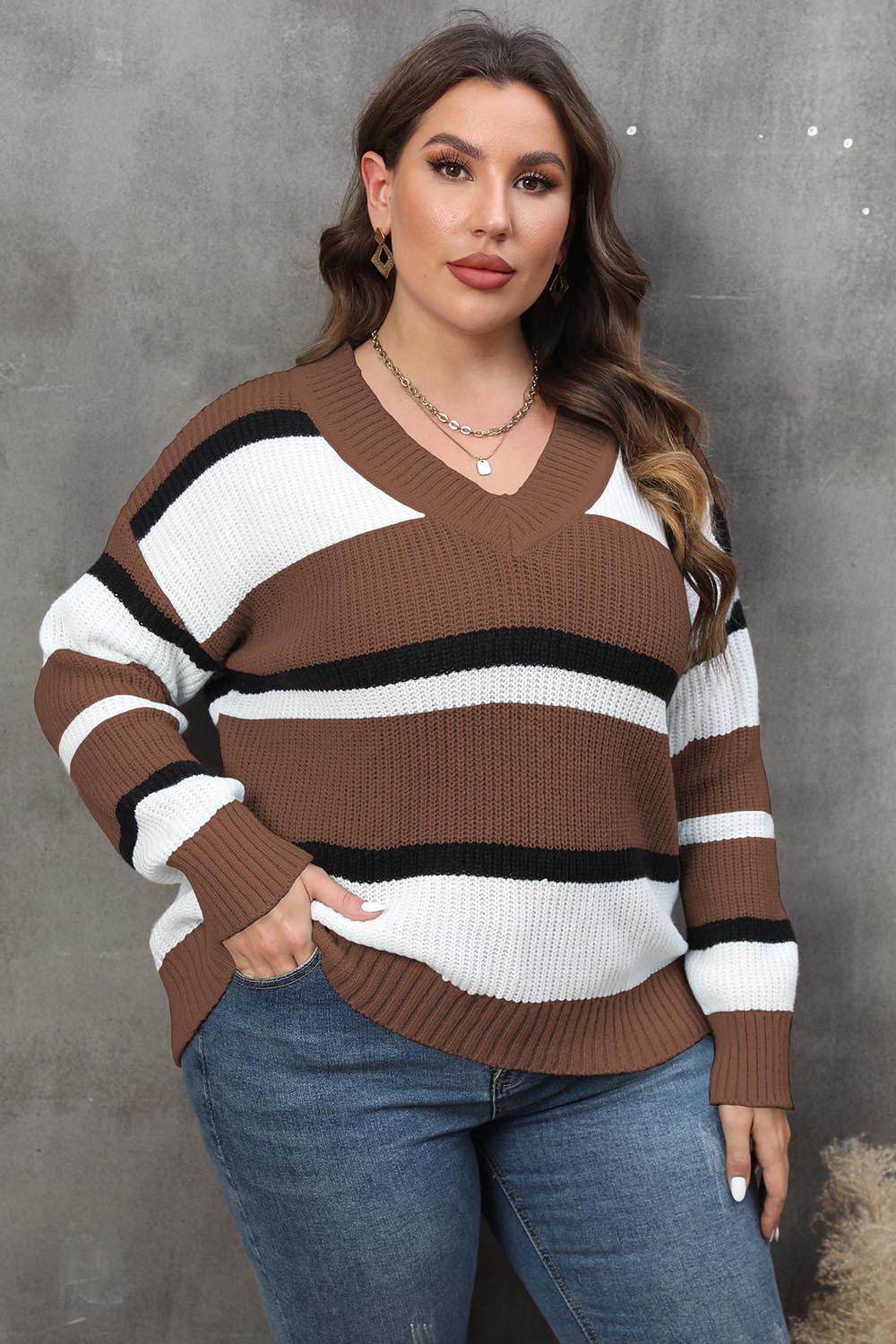 Plus Size Striped V-Neck Dropped Shoulder Sweater Chestnut for a perfect OOTD – dress to impress outfits from Amexza