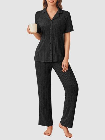 Button Down Long Sleeve Top and Pants Lounge Set - Amexza